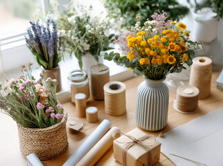 Fototapeta premium Colorful bouquet of wildflowers in a ceramic vase surrounded by crafting materials and decorative items on a wooden table, creating a vibrant and inviting workspace atmosphere