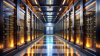 Obraz premium Server Room Data Center with Rows of Rack Servers and Bright Lights
