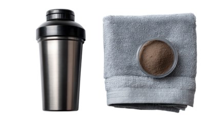 Post-workout protein smoothie in a sports shaker bottle on transparent background

