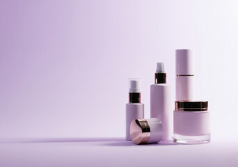 Stylish Collection of Cosmetic Products Displayed with Soft Lighting on a Serene Purple Backdrop, Emphasizing Beauty and Self-Care