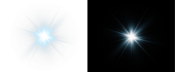 Blue, star, glow, shine, ray light up in transparent PNG. Perfect winter Overlay. Second PNG: blue, star, glow, shine, ray blend for holiday scenes with bright flare and sparkle.
