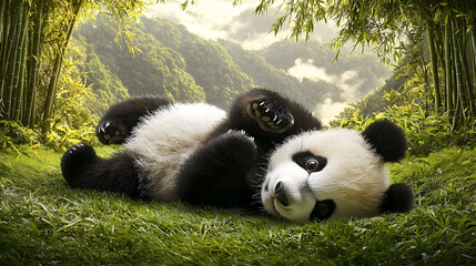 Fototapeta premium Playful panda cub lies on lush green grass, surrounded by bamboo forest and misty mountains. A charming scene of nature and wildlife