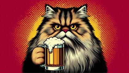 cat beer mug Friday happy serious pop art illustration alcohol drink beverage