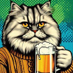 cat beer mug Friday happy serious pop art illustration alcohol drink beverage