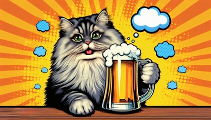 cat beer mug Friday happy smile pop art illustration alcohol drink beverage