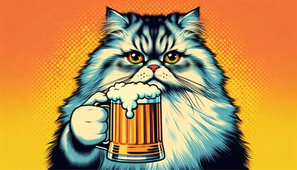 cat beer mug Friday happy serious pop art illustration alcohol drink beverage
