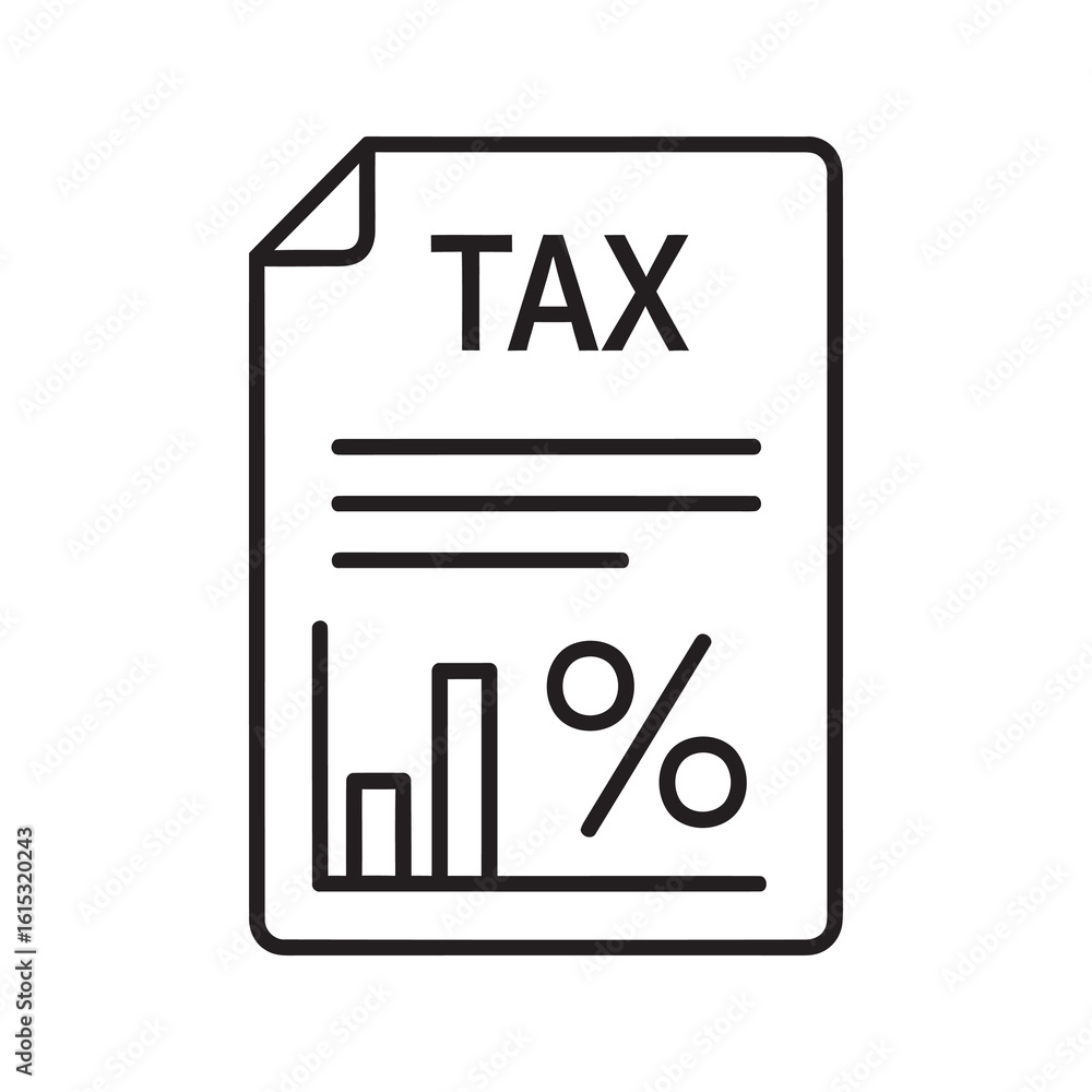 Poster line icon of a tax form document with a graph and percentage sign representing financial calculation
