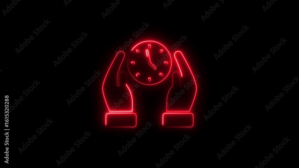 Poster animated neon red clock surrounded by hands on a deep black background