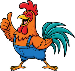 Happy Rooster Wearing Blue Overalls Giving a Thumbs Up Isolated