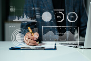 Closeup of smartphone user planning with a futuristic dashboard UI, featuring data visualization,...