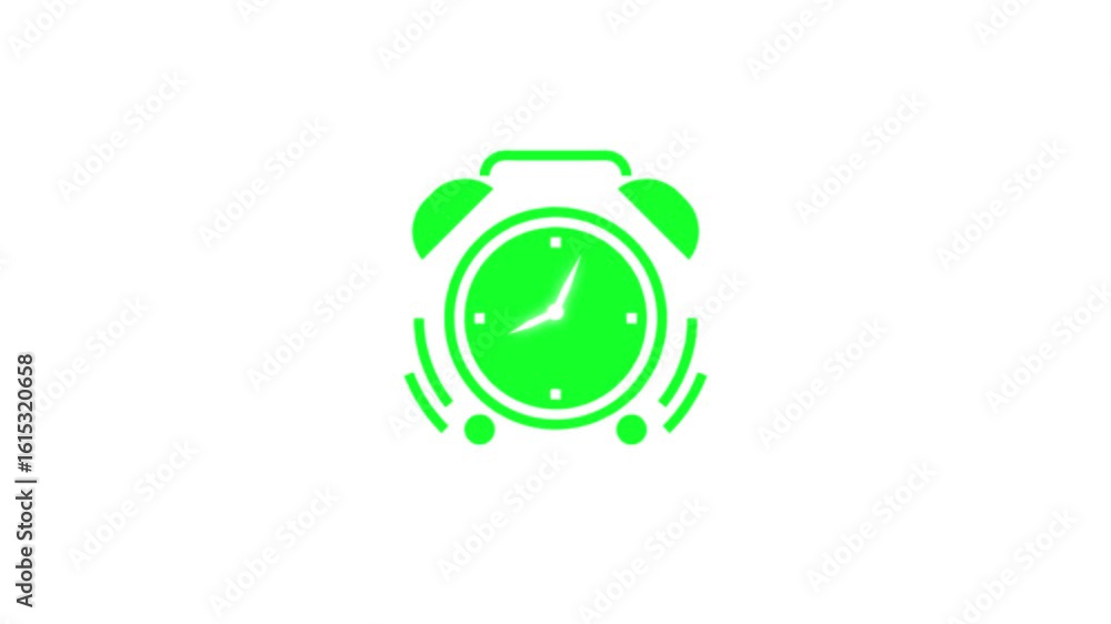 Poster green alarm clock icon animation on white background representing time and urgency
