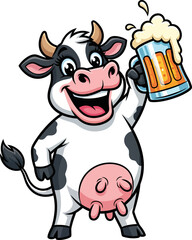 Funny Cartoon Cow Holding a Beer Mug Celebrating with Foam isolated