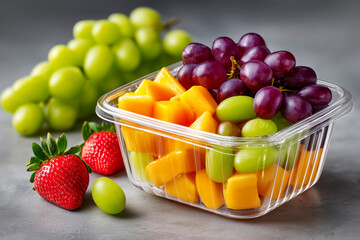 Fresh fruit assortment featuring vibrant grapes, juicy mango cubes, and strawberries in a clear container, showcasing healthy eating and colorful presentation for culinary inspiration