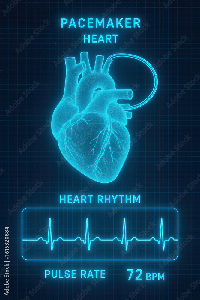 Poster anatomical illustration depicting a human heart with a pacemaker alongside heart rhythm monitoring a