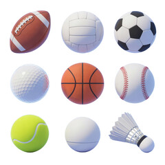 Collection of sports balls and shuttlecock isolated on transparent background