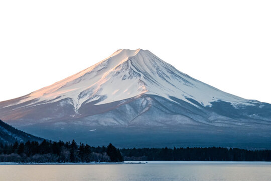 Snow-covered volcanic mountain with pink sunset glow, isolated on a transparent background