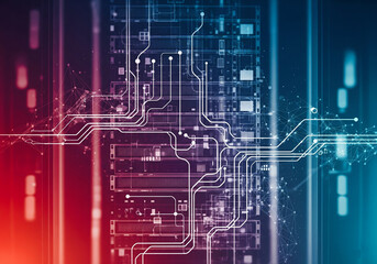 Futuristic Circuit Board Design with Glowing Lines and Abstract Technology Elements 