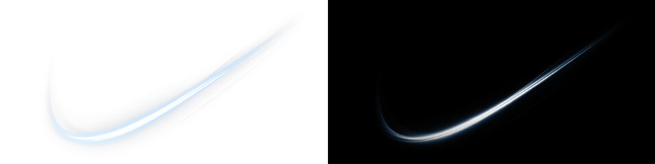 Neon, blue, motion, trail, speed lights in glowing PNG with transparent swoosh. Second PNG Overlay: neon, blue, motion, trail, speed streaks — perfect for dynamic abstract energy.