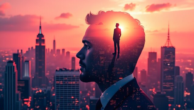 A conceptual image of a person's silhouette inside his head with cityscape in the background
