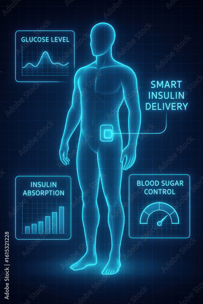 Poster conceptual depiction of smart insulin delivery and glucose control using futuristic graphics