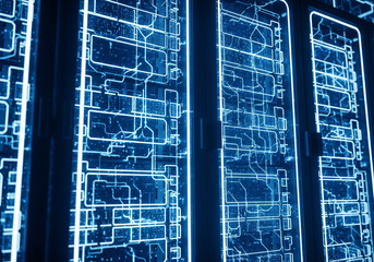 Abstract Blue Digital Network Circuitry with Glowing Lines and Data Flow
