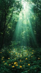 Fototapeta premium Sun Rays Shining Through a Forest with Yellow Flowers