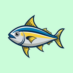 Stylized Yellowfin Tuna Fish Vector Art-Clean and colorful vector illustration of a yellowfin tuna fish, featuring bold blue, yellow, and silver tones on a light green background.