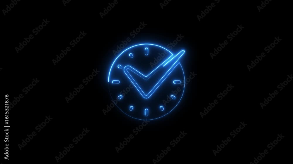 Poster animated neon clock with checkmark symbol against a black background