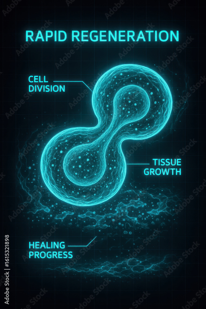 Poster conceptual representation of rapid regeneration cellular process illustrating cell division and tiss