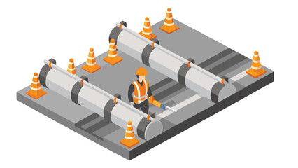Isometric view of worker painting lines on a road with cones and rollers surrounding the area