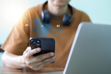 Close-up of hands interacting with a smartphone, showing a holographic AI brain graphic, suggesting the use of AI assistants, smart algorithms, or advanced computing capabilities on a personal device.