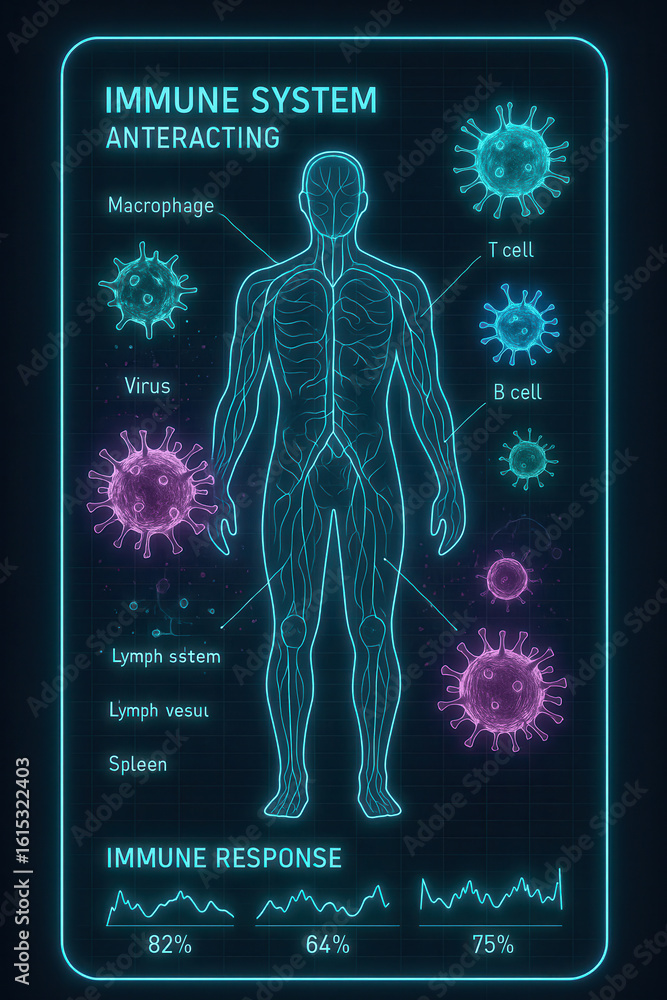 Poster detailed schematic of human immune system interaction with viruses and cells displaying immune respo