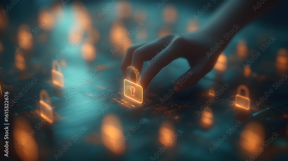 Poster a hand interacts with a digital padlock icon symbolizing cybersecurity and data protection in a futu