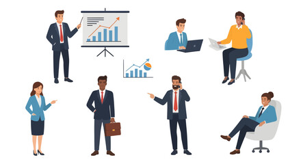 Collection of business people characters in various office work situations, a corporate teamwork and analysis concept.