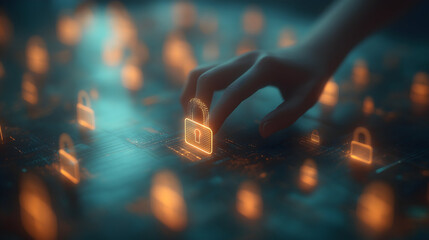 A hand interacts with a digital padlock icon symbolizing cybersecurity and data protection in a futuristic virtual environment.
