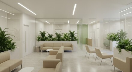 A bright, modern waiting area with neutral colors, featuring comfortable seating, floor-to-ceiling glass partitions, and abundant greenery