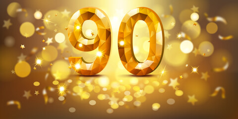 Golden number 90 with a faceted, gem-like appearance, set against a warm, golden background filled with soft bokeh lights and scattered golden stars, creating a festive and celebratory atmosphere.