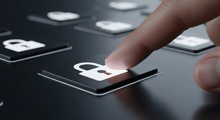 Finger pressing white padlock icon on black surface