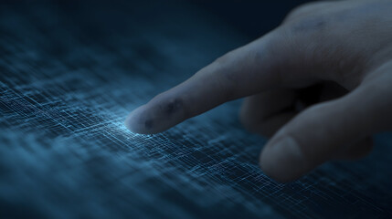 A close-up of a finger interacting with a digital interface displaying complex data and network connections in a dark, futuristic setting.