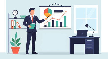 Businessman delivering a corporate presentation on business growth. Professional manager pointing to data analysis charts and graphs in a modern office.