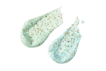 Smears of a green body scrub with particles on a transparent background.
