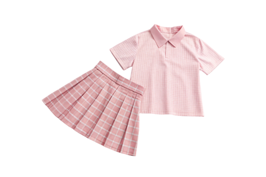Rose-colored button-up blouse with coordinating plaid pleated mini skirt school uniform set, isolated on a transparent background