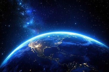 Fototapeta premium A stunning view of Earth from space showing city lights, continents, and a starry cosmic background with a glowing atmospheric edge.