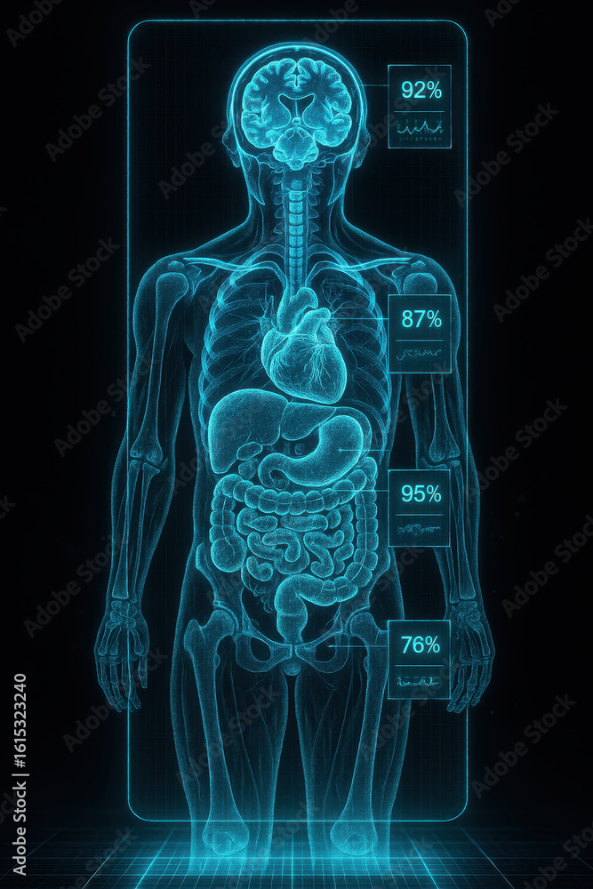 Poster digital human anatomy visualization with percentage analysis showing internal organs and skeletal st