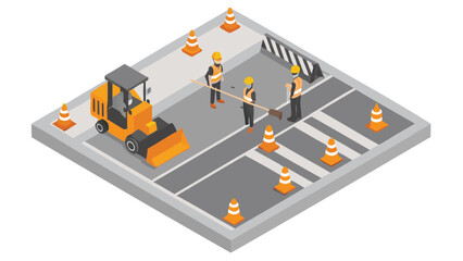 Isometric view of road construction with workers, machinery, and safety cones on a gray surface area © Vector_House