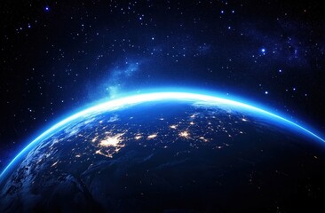 Fototapeta premium A glowing Earth viewed from space, showing city lights on the dark side with a star-filled cosmos in the background.