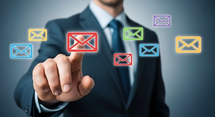 Businessman touching colorful email icons suit hand