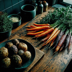 Raw vegetables on the kitchen table: carrots and turnips