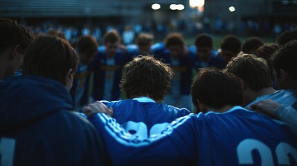 Sports Team Huddling Together In Blue And White Uniforms Displaying Unity And Teamwork
