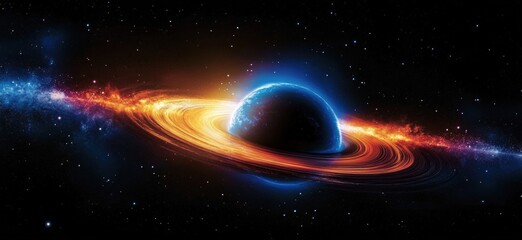 Obraz premium A glowing planet with bright, fiery rings orbits in deep space, surrounded by stars and cosmic dust.